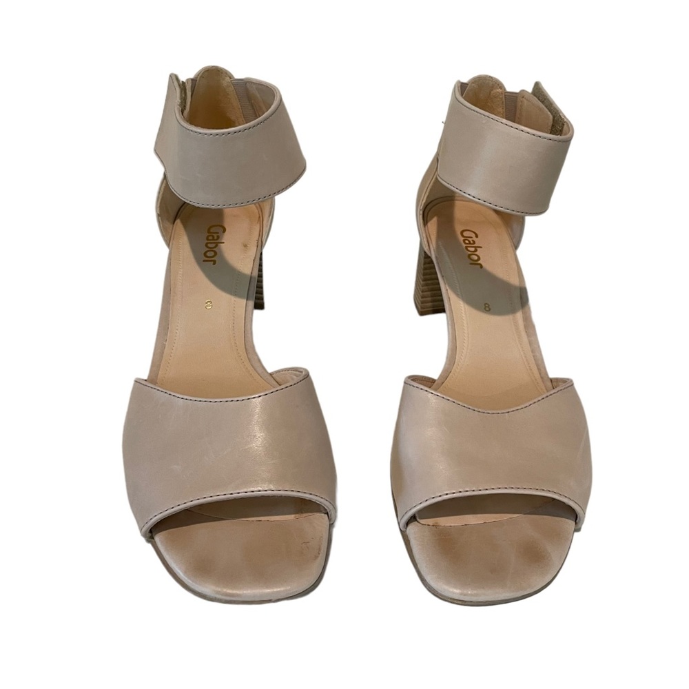 GABOR, Size 8 Women’s, Leather Neutral Ankle Strap Open Toe Block Heels .